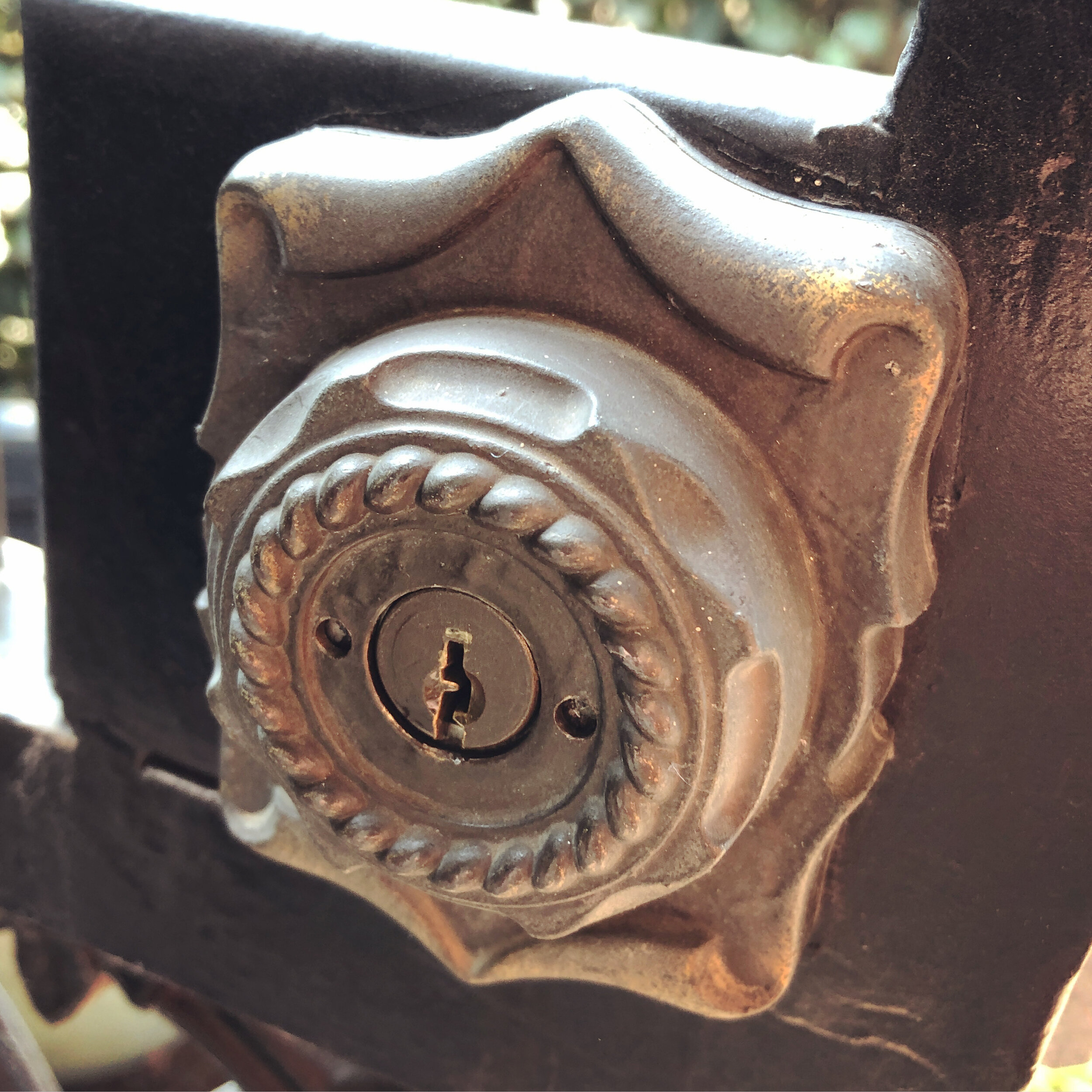 Antique ornate lock on a vintage wrought iron gate
